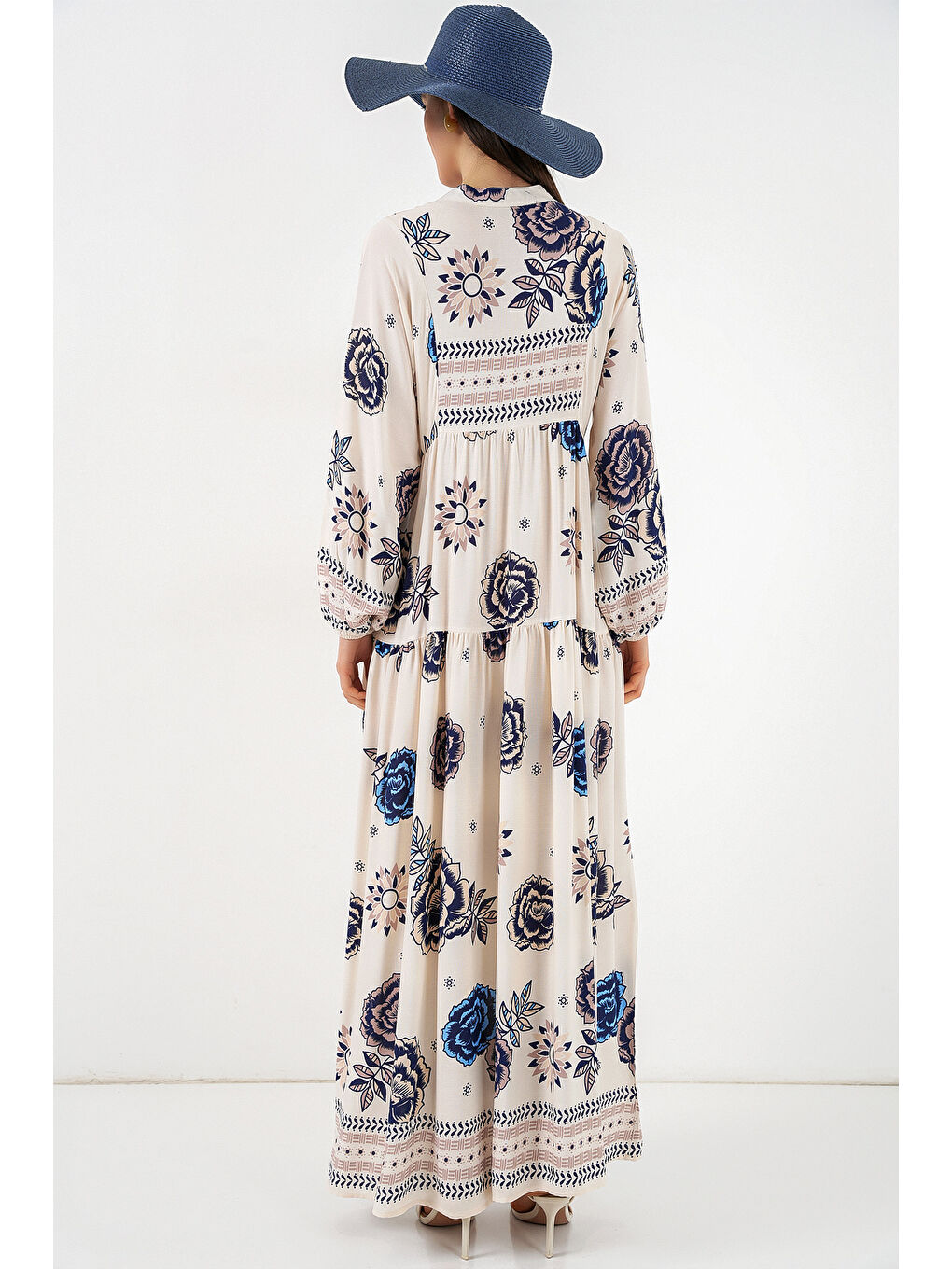 Kadın Desenli Uzun Tesettür Elbise 2585 - B.Lacivert-4