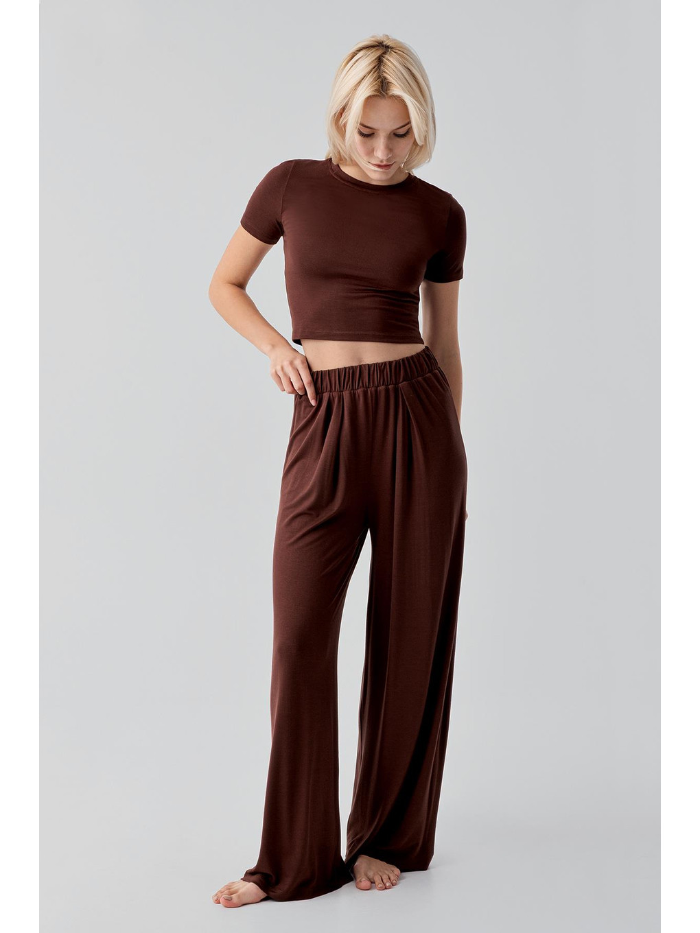 Kahverengi Kısa Kollu Crop Bol Paça Esnek Elastanlı Viskoz Soft Pijama Takım 17216