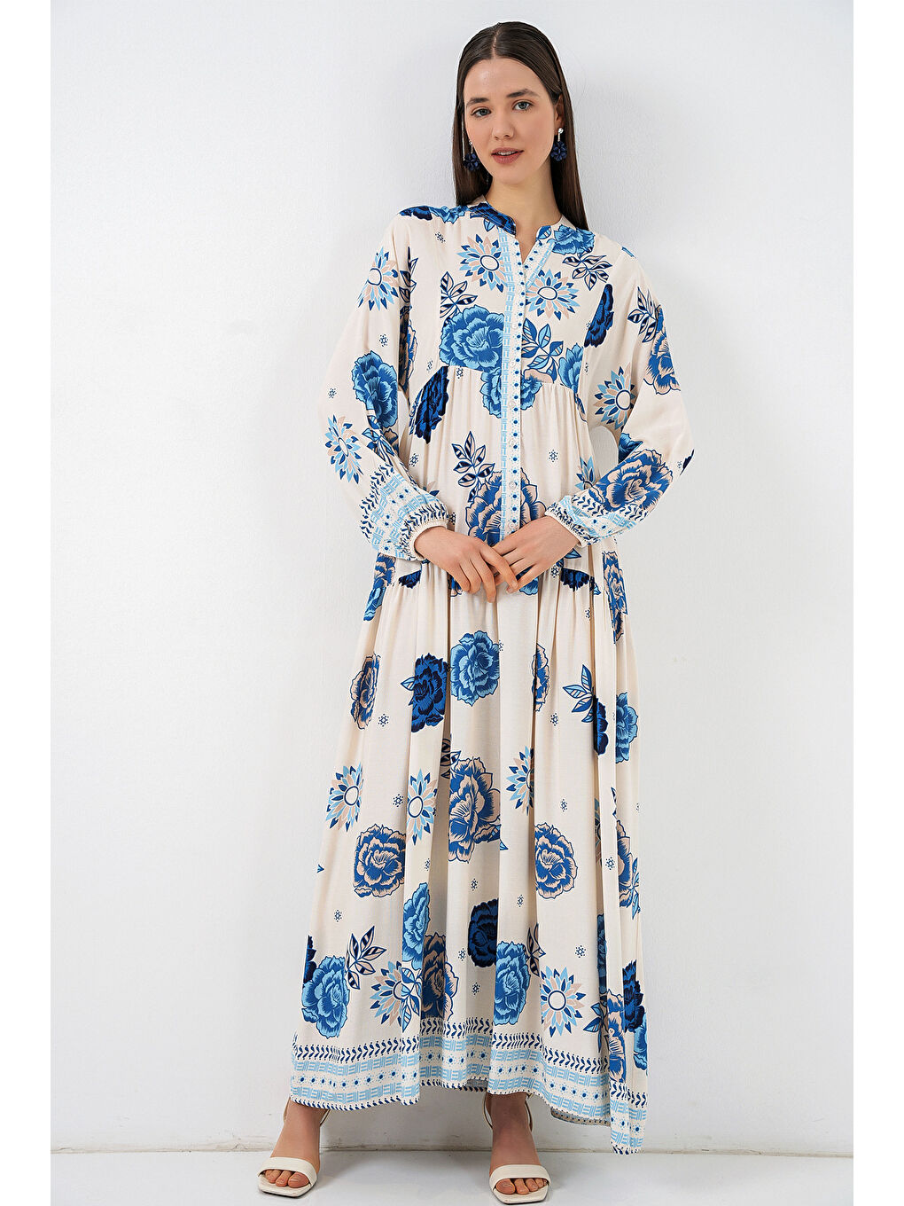 Mavi Kadın Desenli Uzun Tesettür Elbise 2585 - C.Saks-3