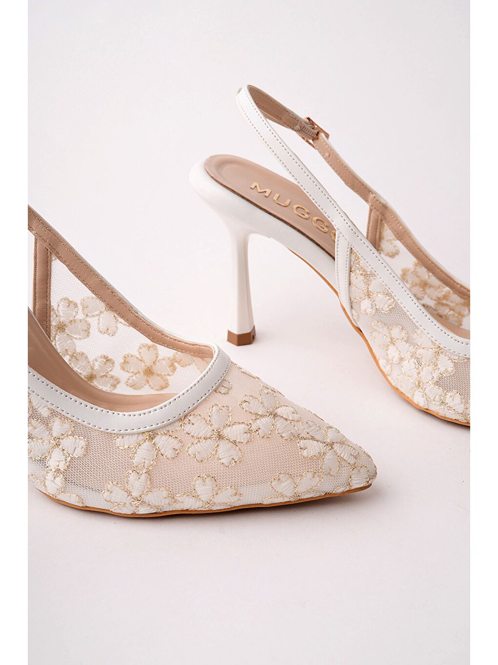 Beyaz ARİS Dantel Detaylı Sivri Burun Arkası Açık İnce Topuklu Kadın Abiye Ayakkabı-3