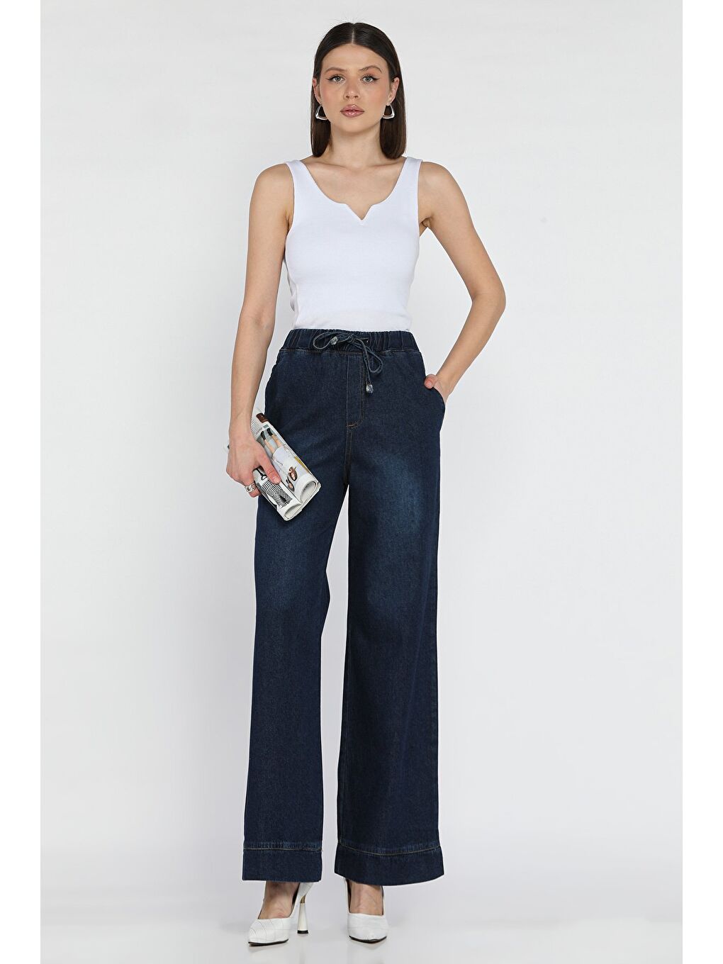 Lacivert Bel Lastikli Bol Paça Jean Pantolon-1