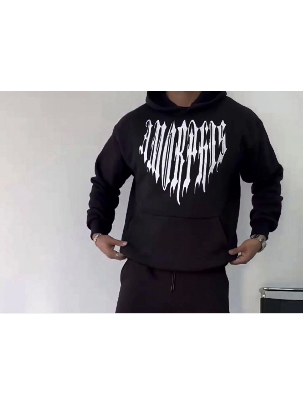 Uzun Kol Kapüşonlu Baskılı Sweatshirt - Siyah-2