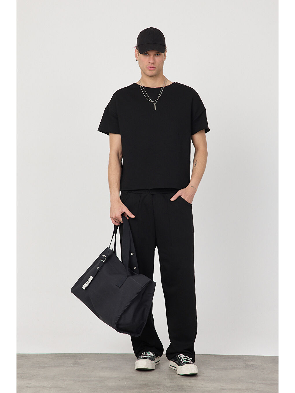 Erkek Blank Siyah Ayarlanabilir Paça Eşofman Altı