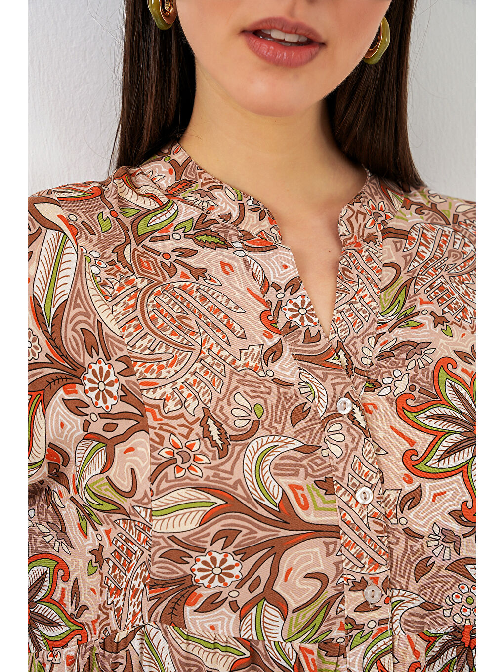 Bej Kadın Desenli Uzun Tesettür Elbise 2585 - Sütlü Kahve-4