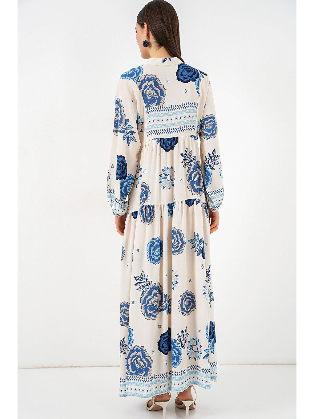 Mavi Kadın Desenli Uzun Tesettür Elbise 2585 - C.Saks-5