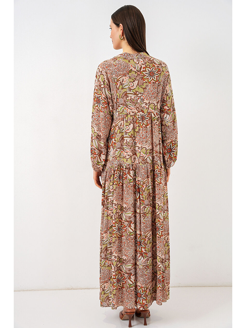 Bej Kadın Desenli Uzun Tesettür Elbise 2585 - Sütlü Kahve-5