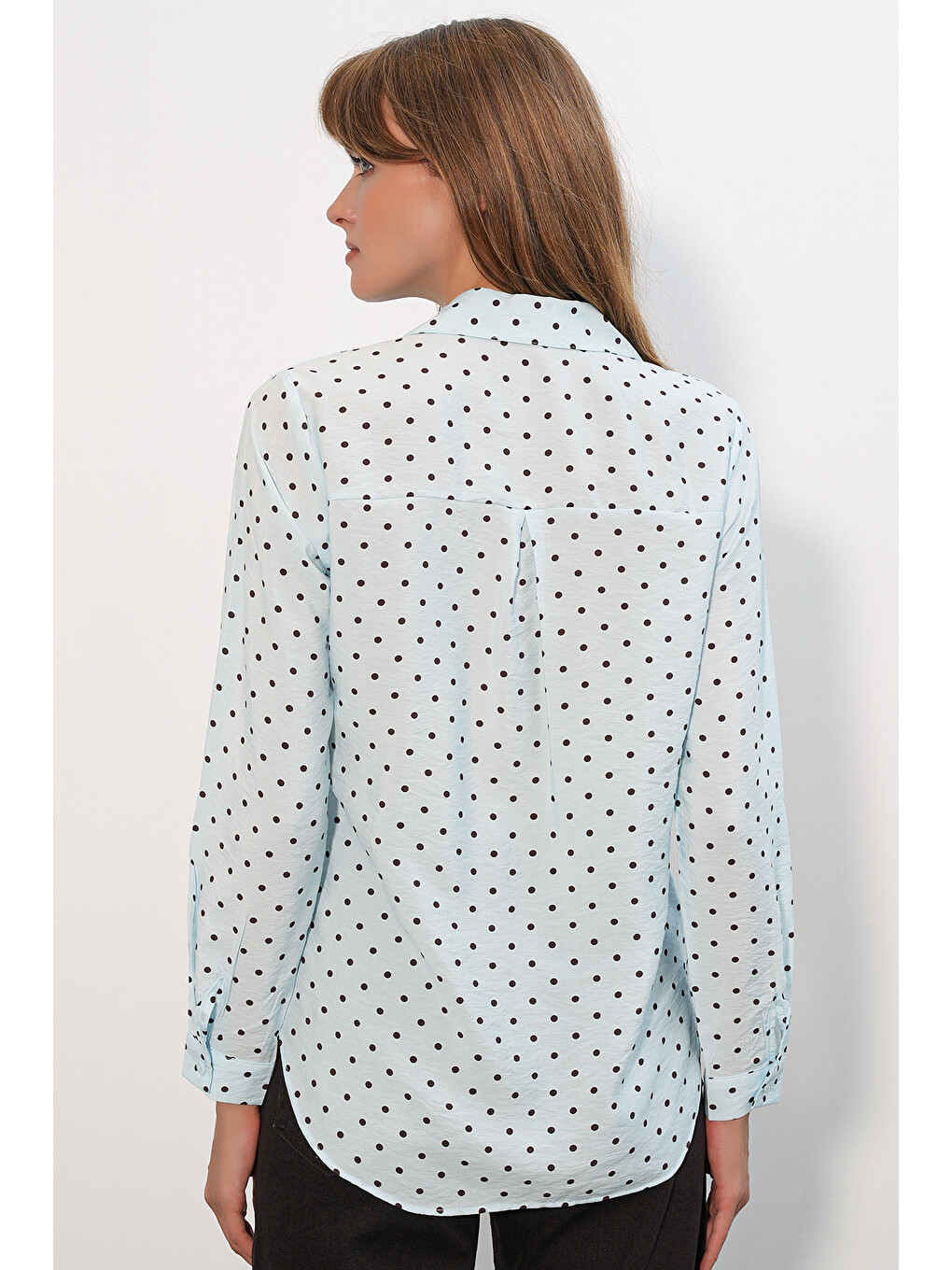 Kadın Tek Cepli Puantiyeli Oversize Gömlek 20399 - Mavi-5