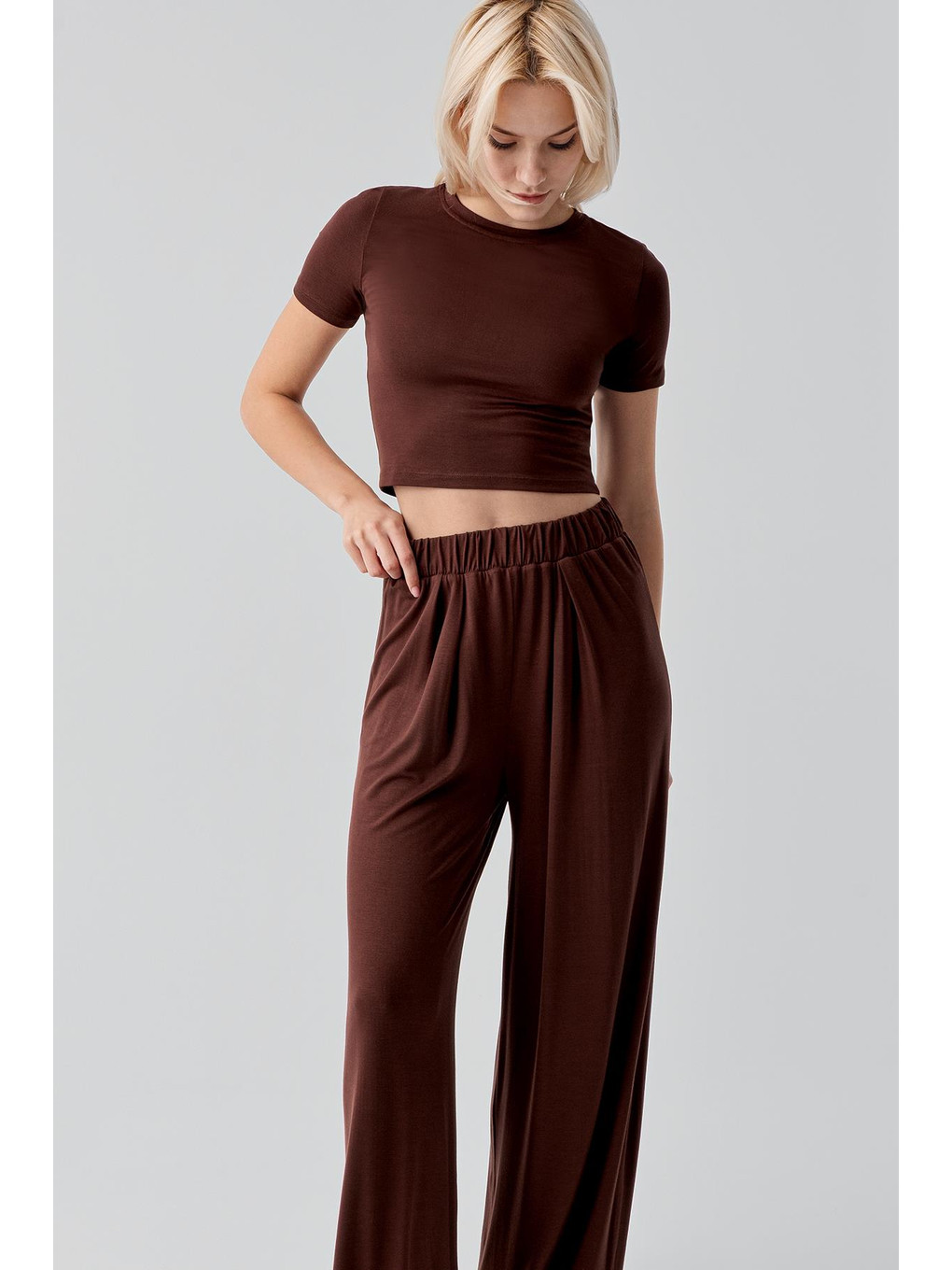 Kahverengi Kısa Kollu Crop Bol Paça Esnek Elastanlı Viskoz Soft Pijama Takım 17216-2