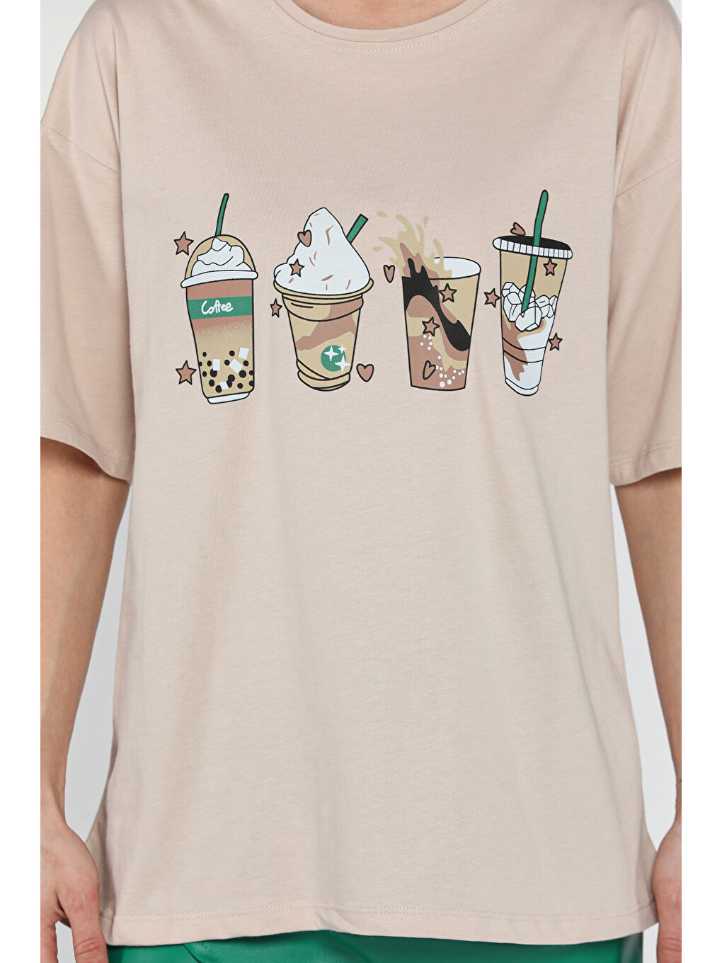 Bej Bisiklet Yaka Ön Baskılı Kadın Tişört-3