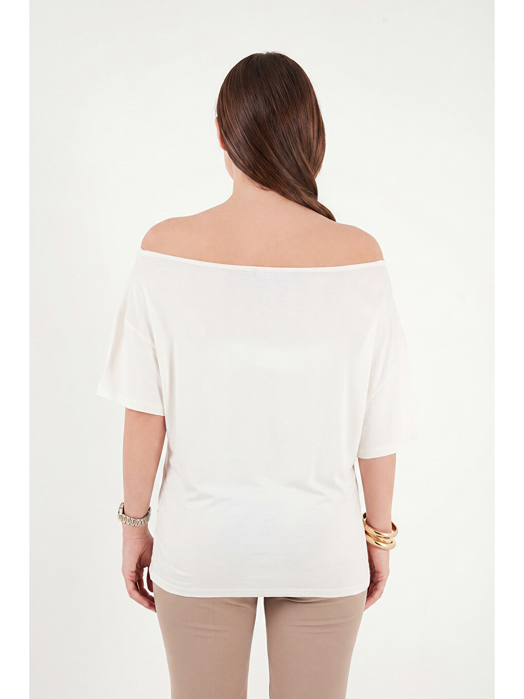 Ekru Standart Fit Drape Detaylı Yarasa Kol T Shirt 5866962-6