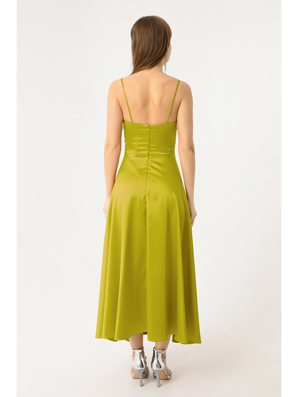 Kadın Fıstık Yeşili  İp Askılı Bel Kemerli Saten Midi Abiye & Mezuniyet Elbisesi-4