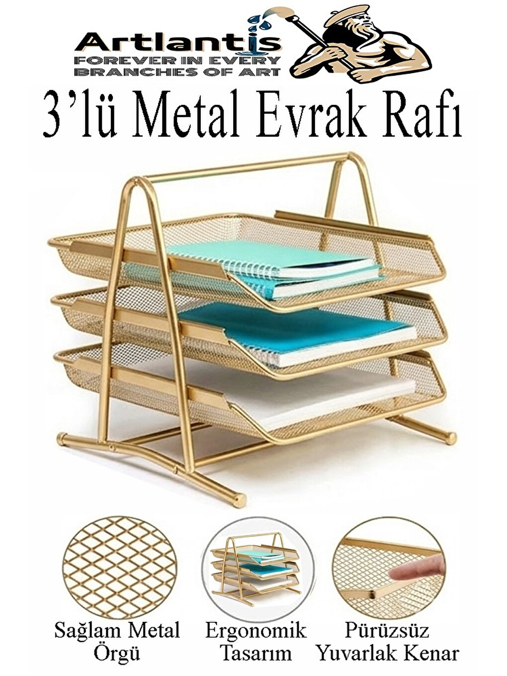 Renkli Metal Evrak Rafı 3 Lü 1 Paket Masa Üstü A4 Dosya Düzenleyici
