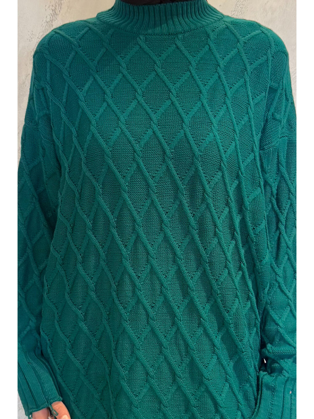 Yeşil Kadın Bisiklet Yaka Püsküllü Tesettür Triko Kazak-5