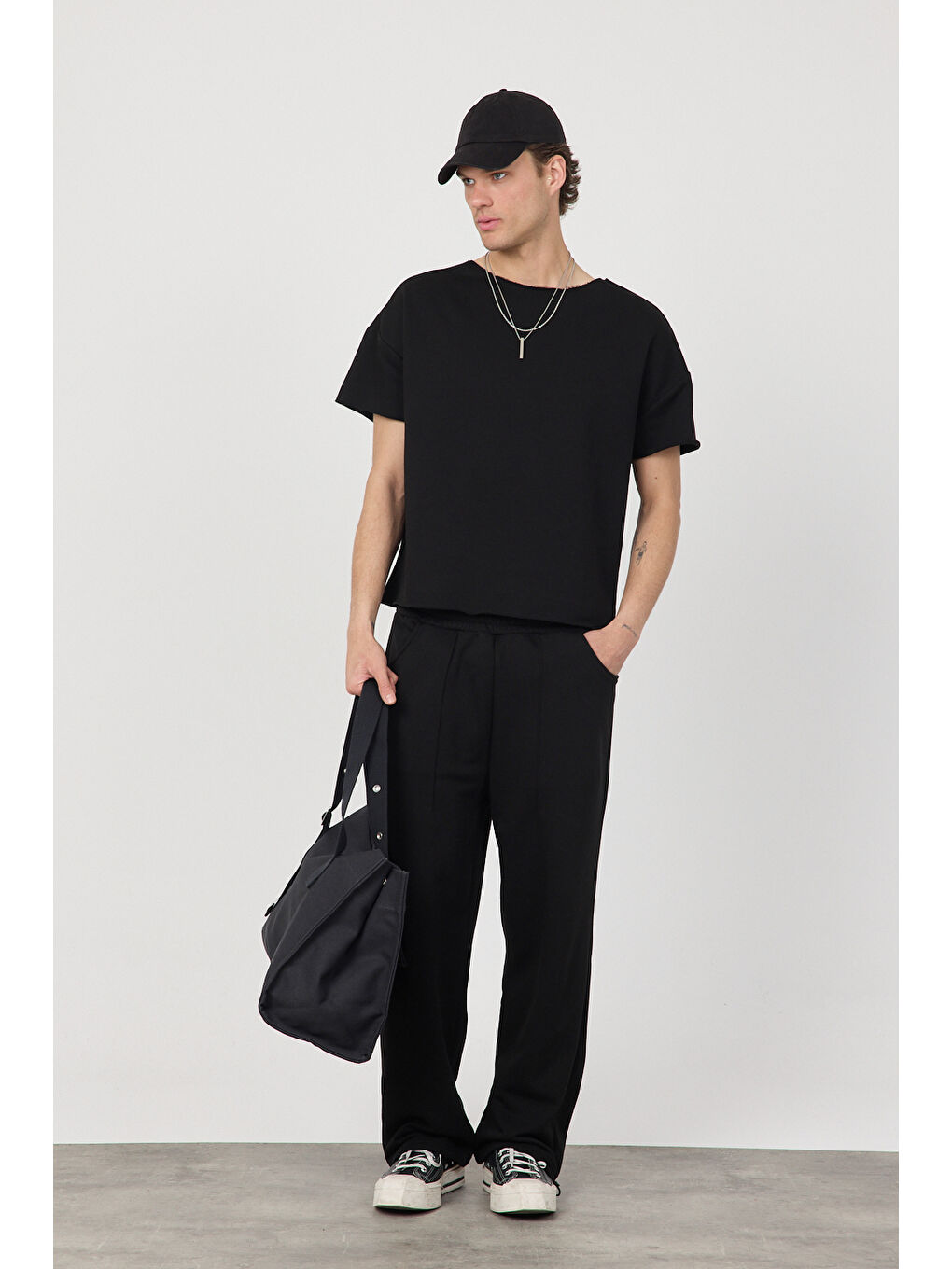 Erkek Blank Siyah Ayarlanabilir Paça Eşofman Altı-1