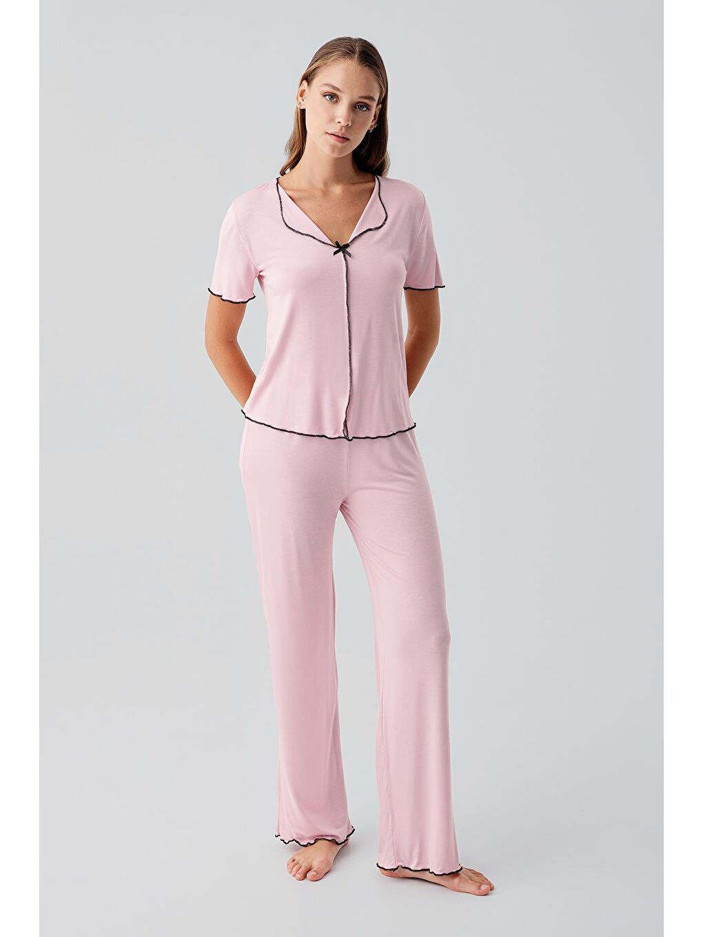 Pembe Kısa Kollu Fiyonklu Esnek Viskoz Pijama Takım 19214