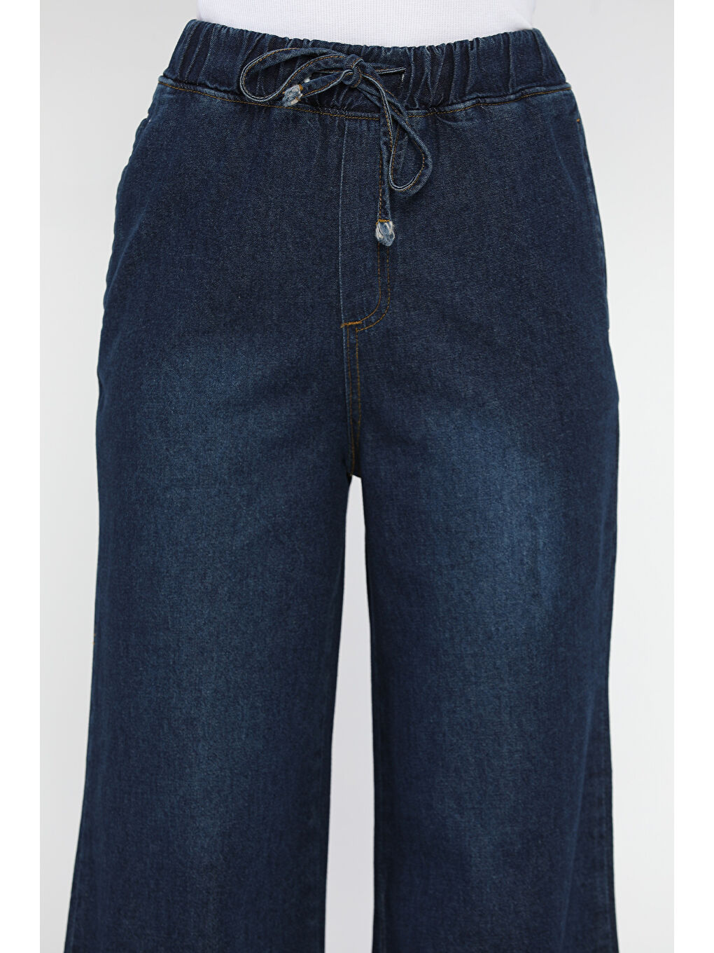 Lacivert Bel Lastikli Bol Paça Jean Pantolon-3