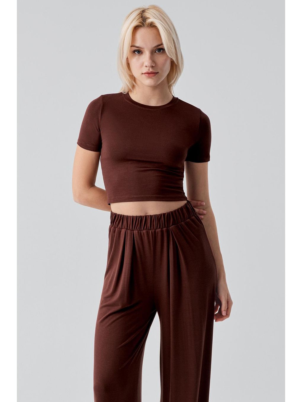 Kahverengi Kısa Kollu Crop Bol Paça Esnek Elastanlı Viskoz Soft Pijama Takım 17216-3