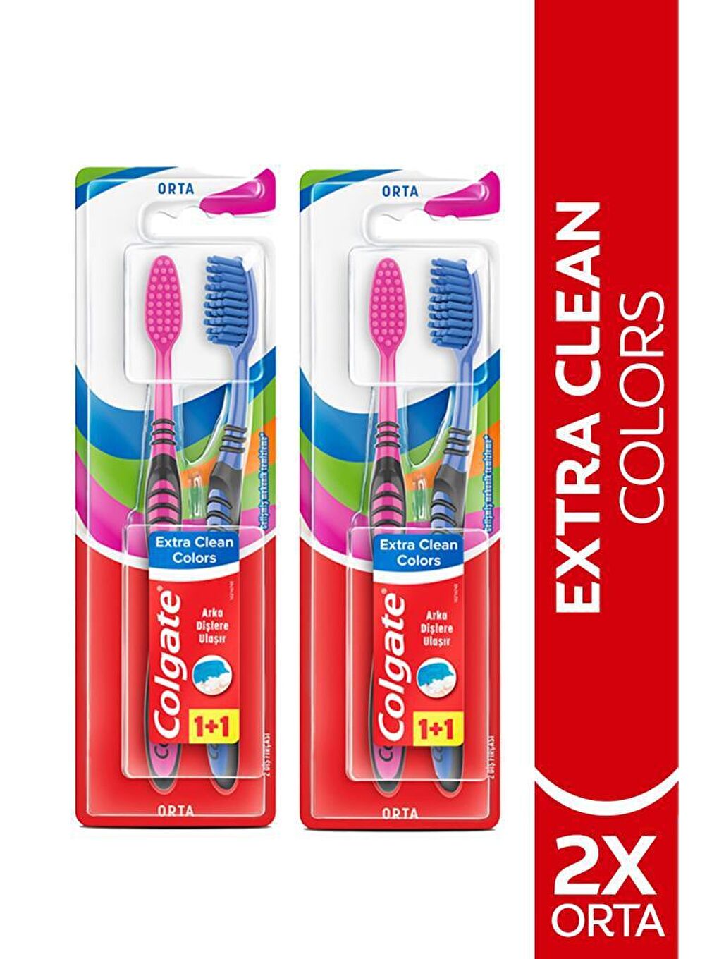 Colgate Karışık Extra Clean Dil Temizleyicili Arka Dişlere Uzanan Colors Orta Diş Fırçası 1+1 x2 Adet