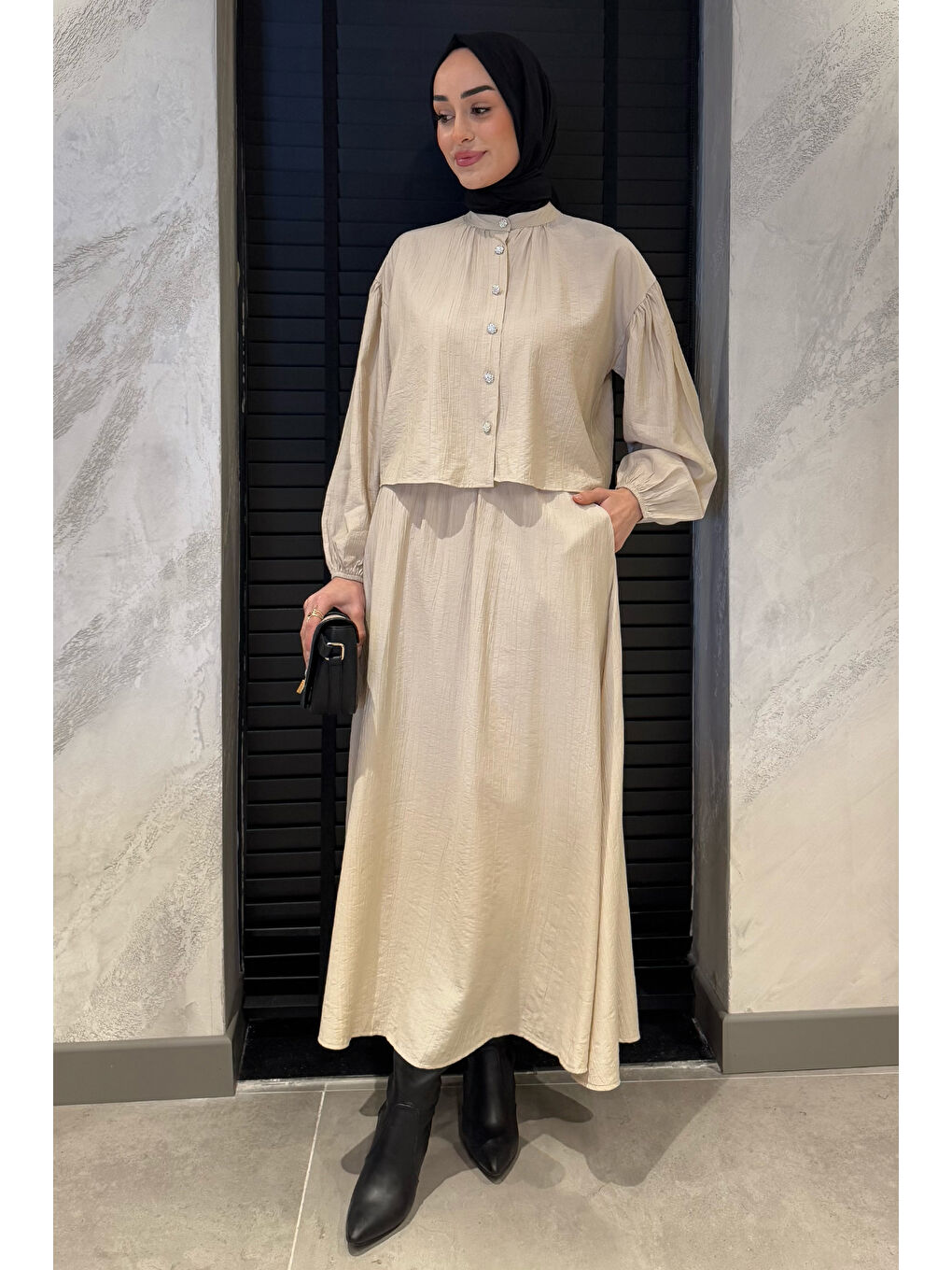 Bej Cep Detaylı Etek Gömlek Tesettür İkili Takım