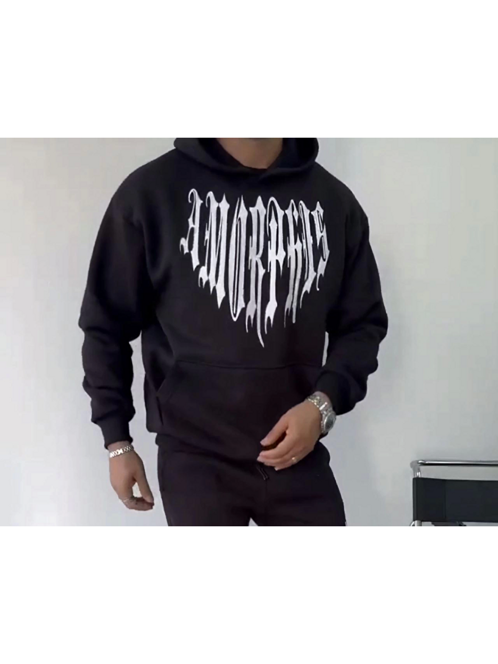 Uzun Kol Kapüşonlu Baskılı Sweatshirt - Siyah-3