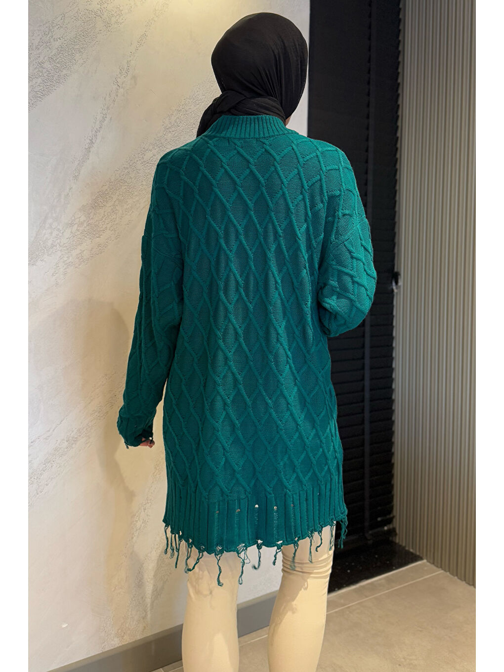 Yeşil Kadın Bisiklet Yaka Püsküllü Tesettür Triko Kazak-7