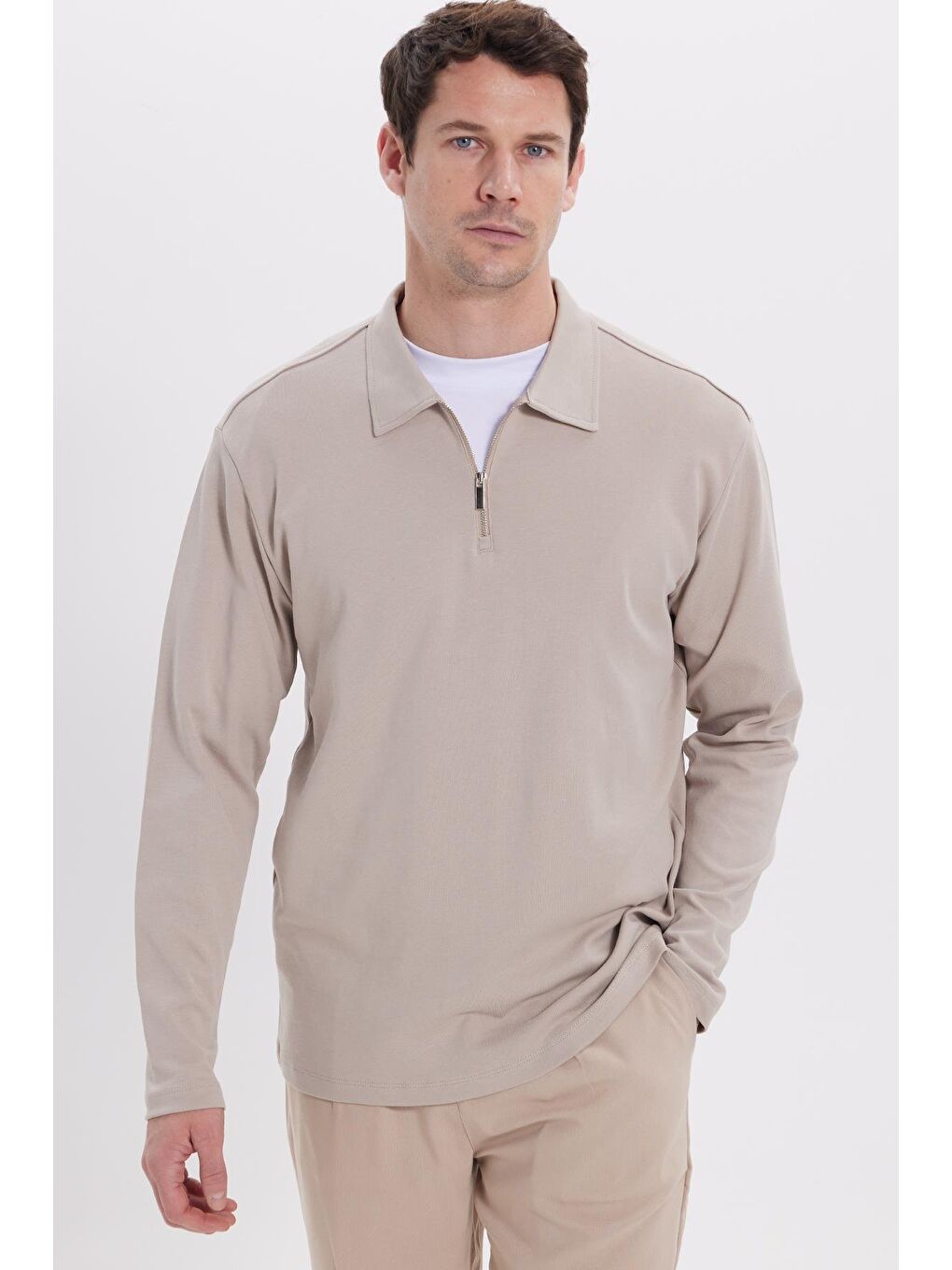 Bej Erkek Relax Fit Rahat Kesim %100 Pamuk Yarım Fermuarlı Polo Yaka İnterlok Taş Sweatshirt