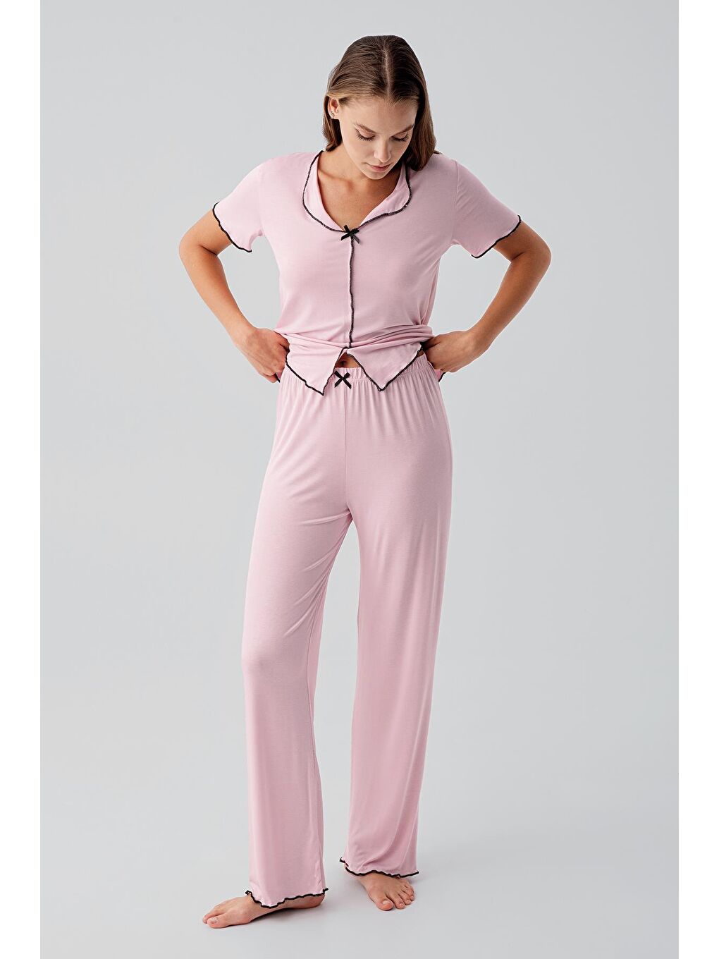 Pembe Kısa Kollu Fiyonklu Esnek Viskoz Pijama Takım 19214-1