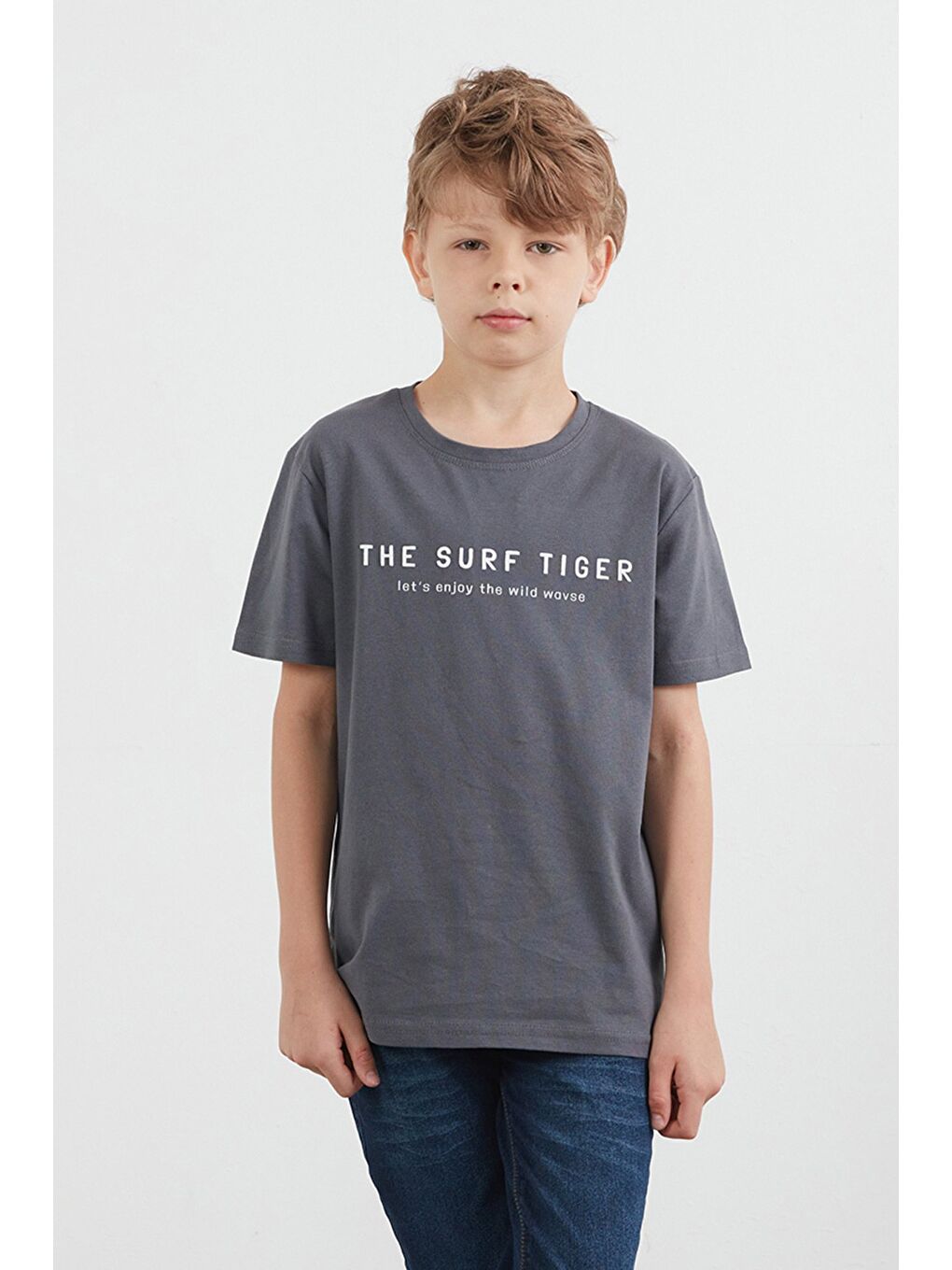 Antrasit %100 Pamuk The Surf Tiger Baskılı Erkek Çocuk Tişört-1
