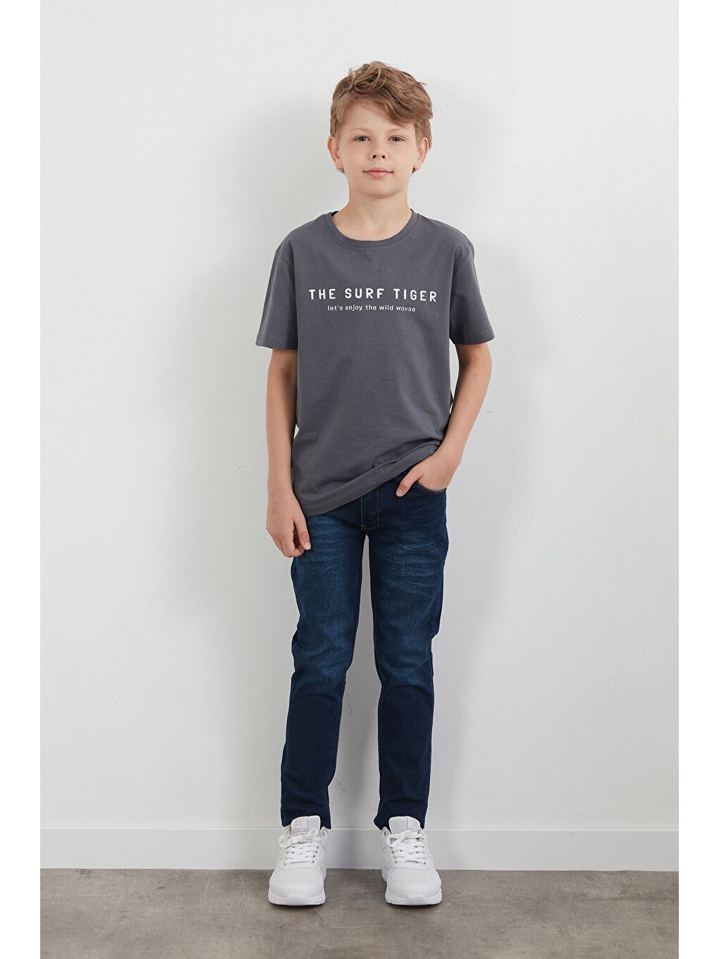 Antrasit %100 Pamuk The Surf Tiger Baskılı Erkek Çocuk Tişört-2