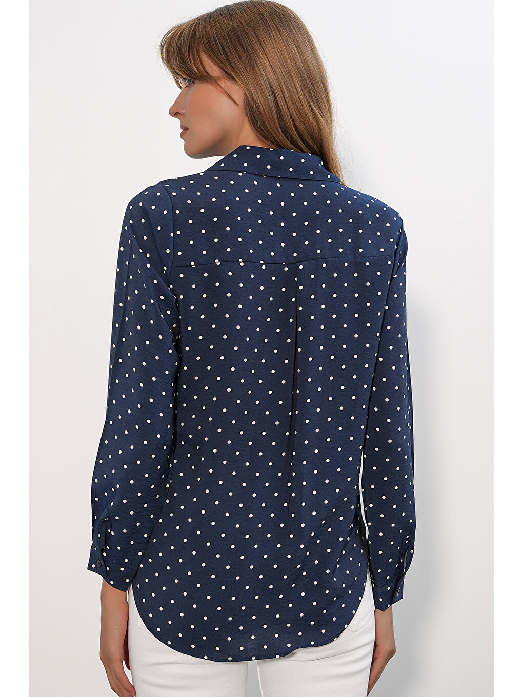 Kadın Tek Cepli Puantiyeli Oversize Gömlek 20399 - Lacivert-5