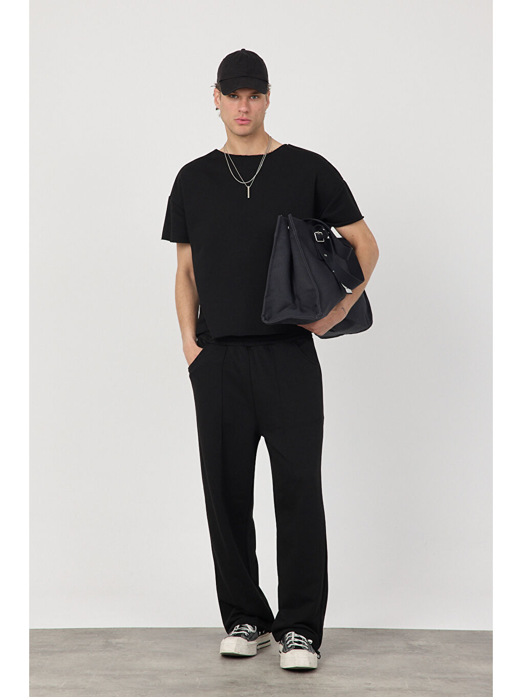 Erkek Blank Siyah Ayarlanabilir Paça Eşofman Altı-2