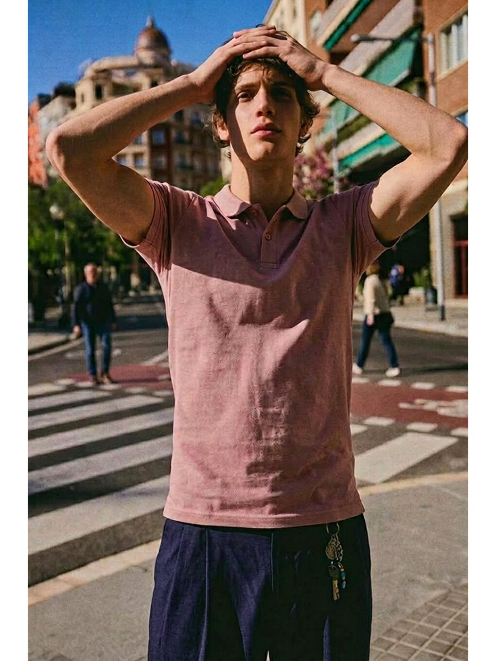 Erkek Basic Sokak Stili Pembe Polo Yaka Tişört-1