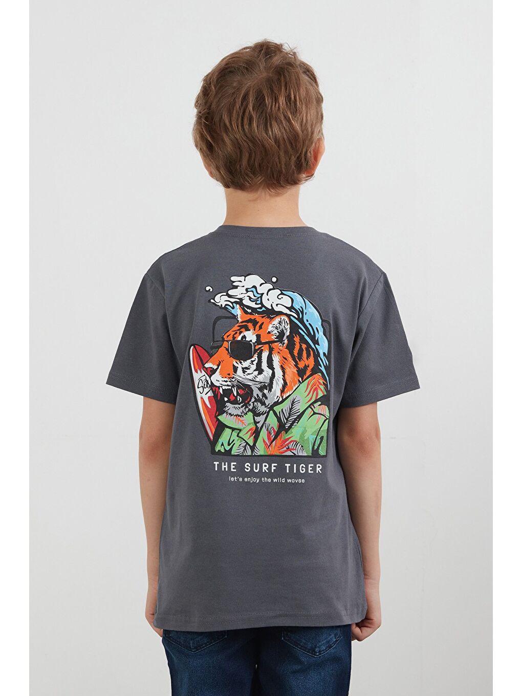Antrasit %100 Pamuk The Surf Tiger Baskılı Erkek Çocuk Tişört-3