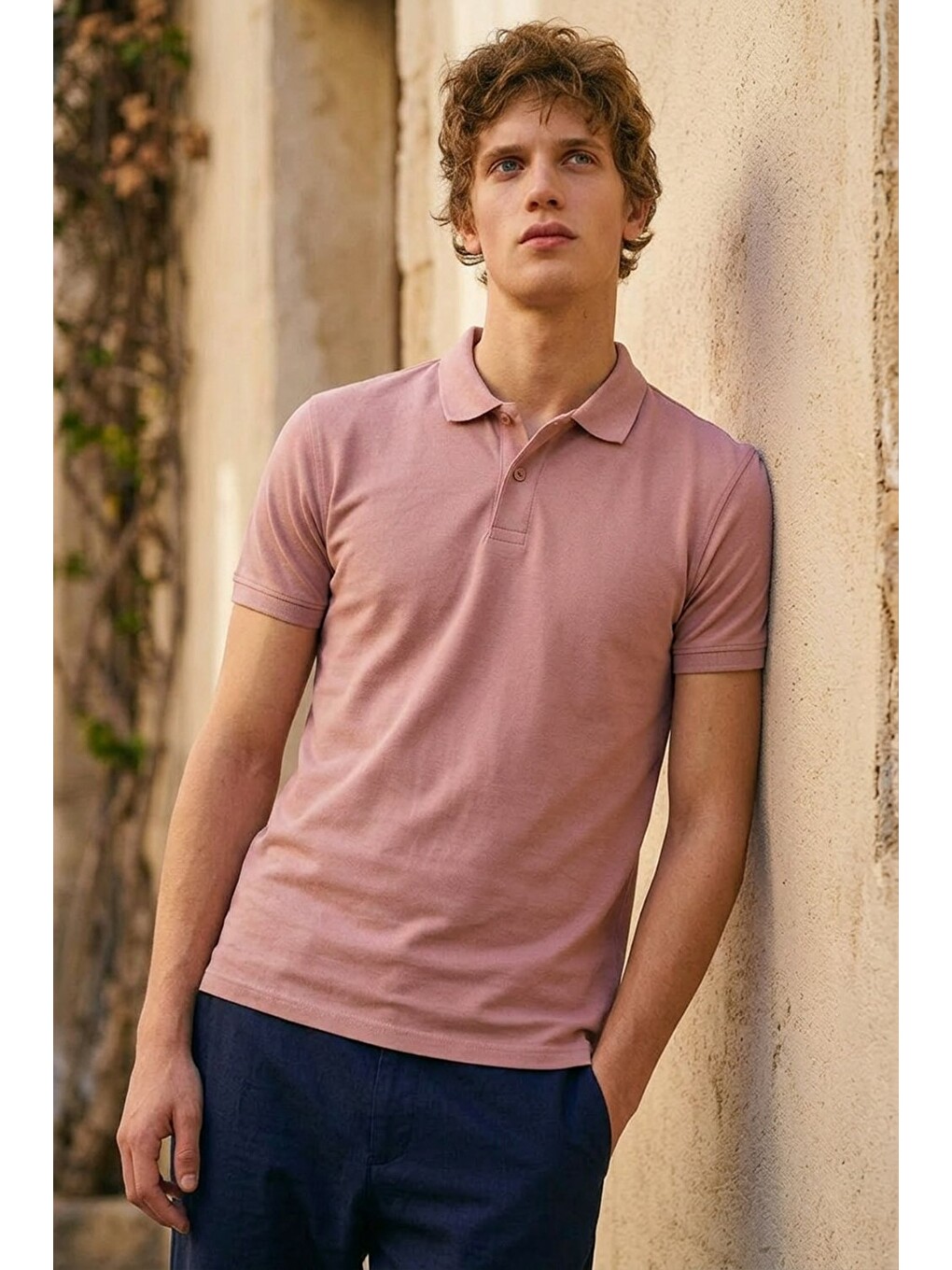 Erkek Basic Sokak Stili Pembe Polo Yaka Tişört-2
