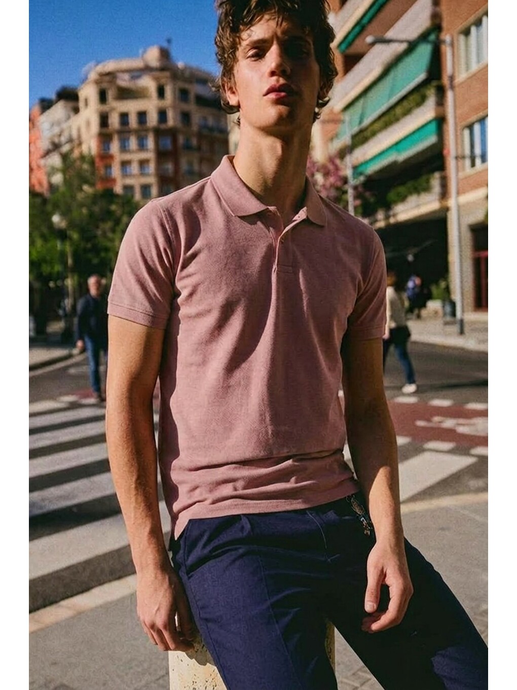 Erkek Basic Sokak Stili Pembe Polo Yaka Tişört-3