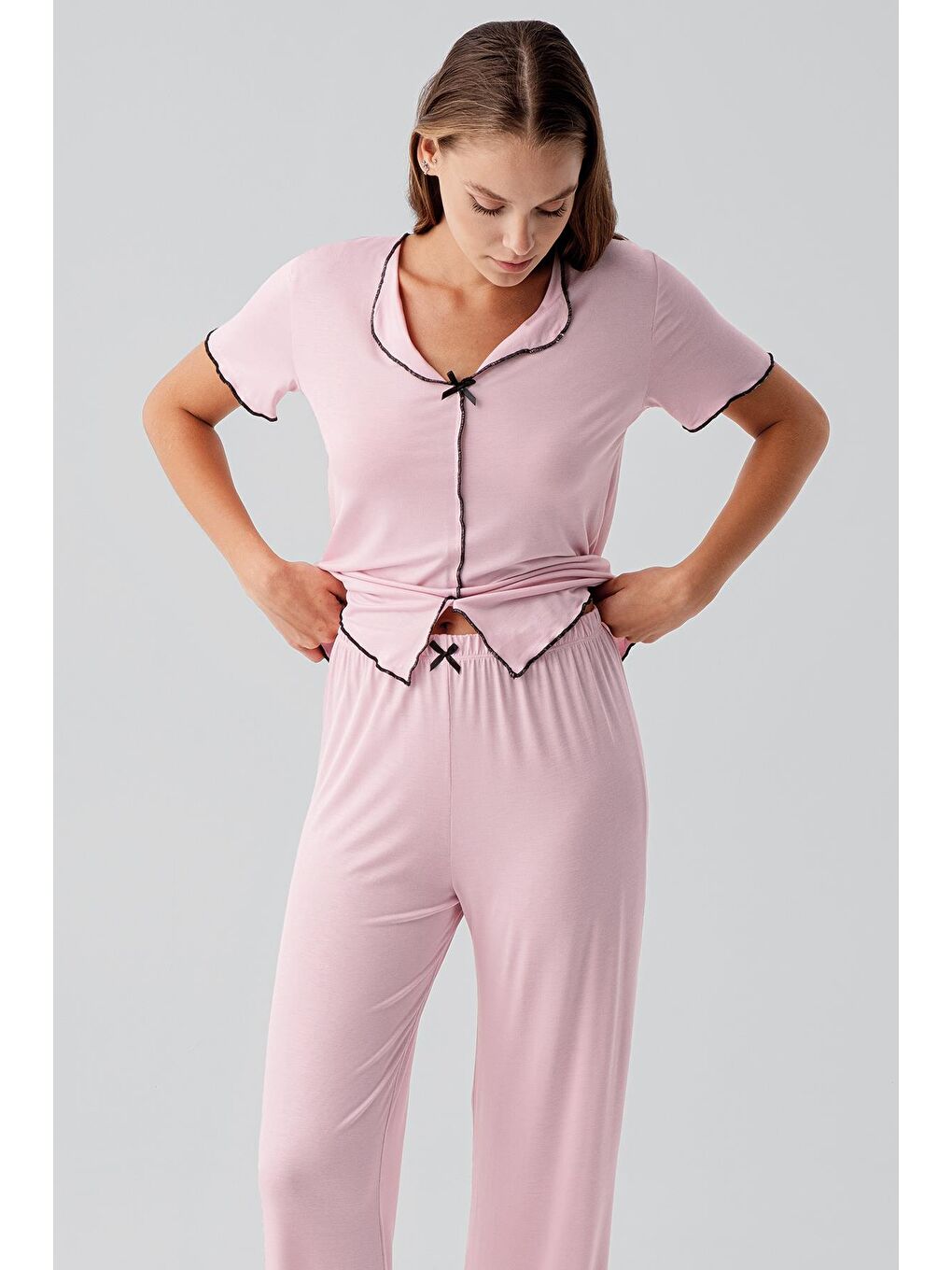 Pembe Kısa Kollu Fiyonklu Esnek Viskoz Pijama Takım 19214-2