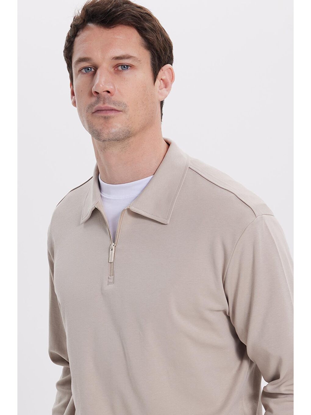 Bej Erkek Relax Fit Rahat Kesim %100 Pamuk Yarım Fermuarlı Polo Yaka İnterlok Taş Sweatshirt-1