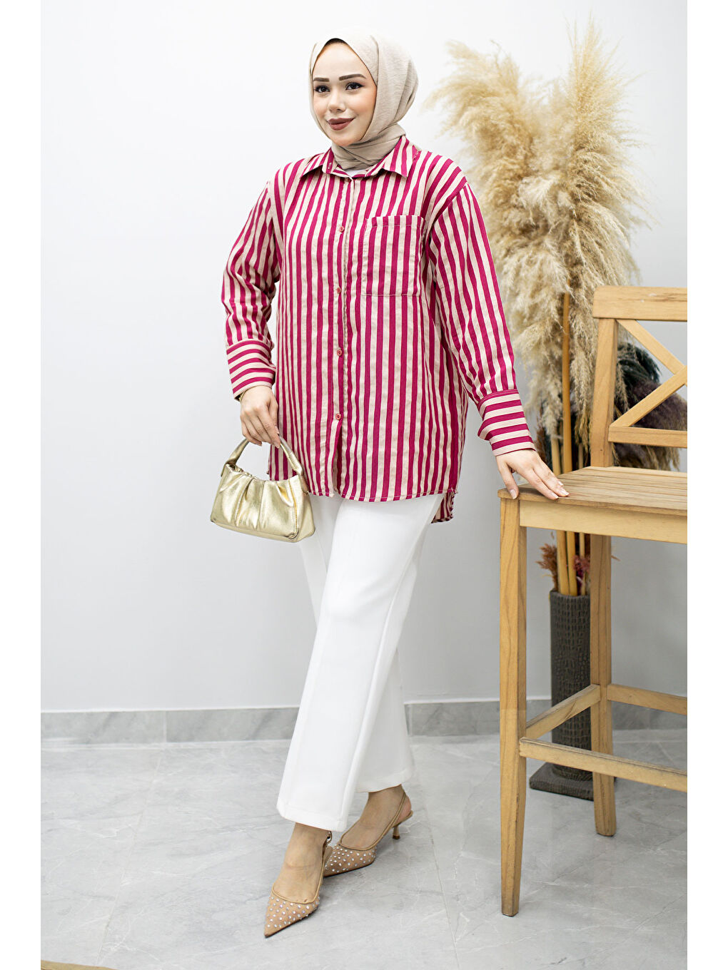 Çizgili Cepli Gömlek TSD260174 Fuşya