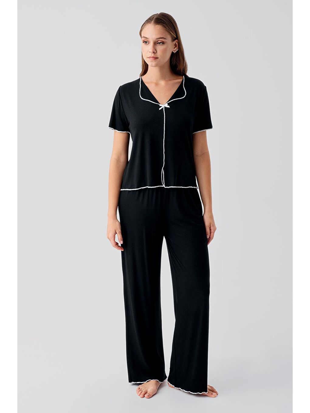 Siyah Kısa Kollu Fiyonklu Esnek Viskoz Pijama Takım 19214