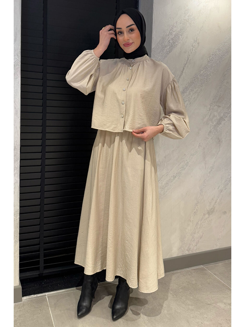 Bej Cep Detaylı Etek Gömlek Tesettür İkili Takım-2