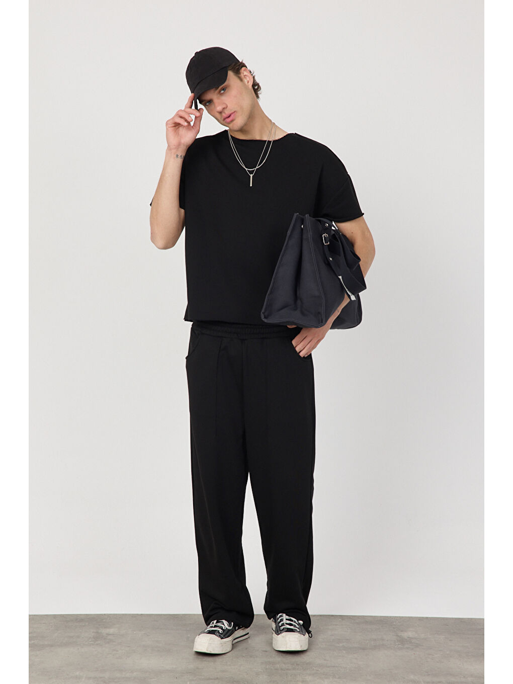 Erkek Blank Siyah Ayarlanabilir Paça Eşofman Altı-3