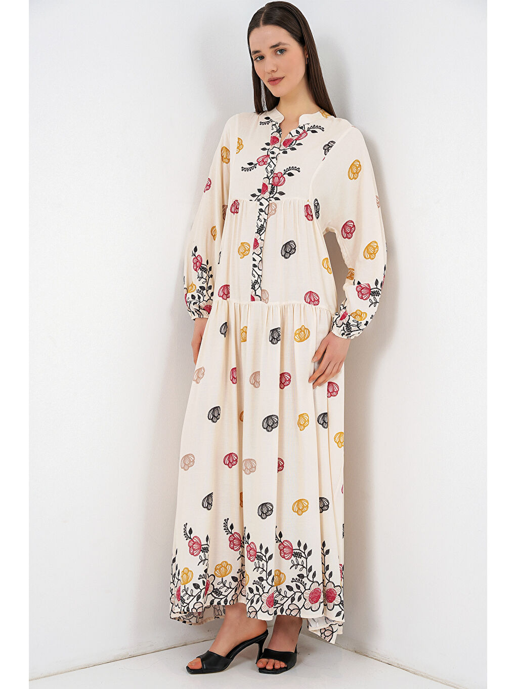 Kadın Desenli Uzun Tesettür Elbise 2585 - Y.Bej-2