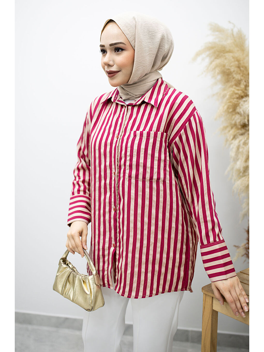 Çizgili Cepli Gömlek TSD260174 Fuşya-1