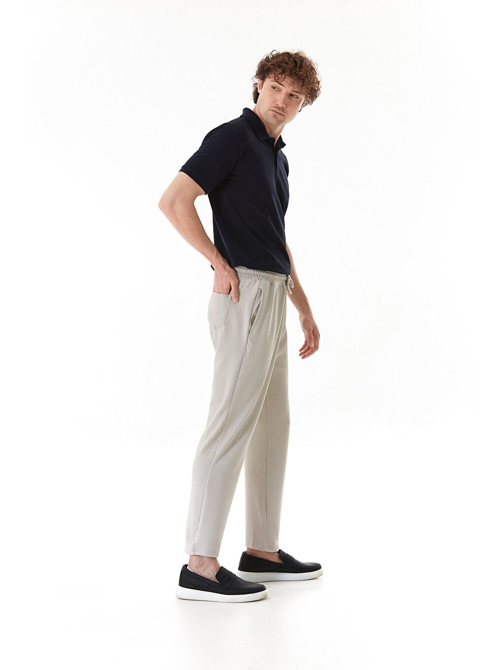 Gri Waffle Kumaş Beli Lastikli Pantolon-2