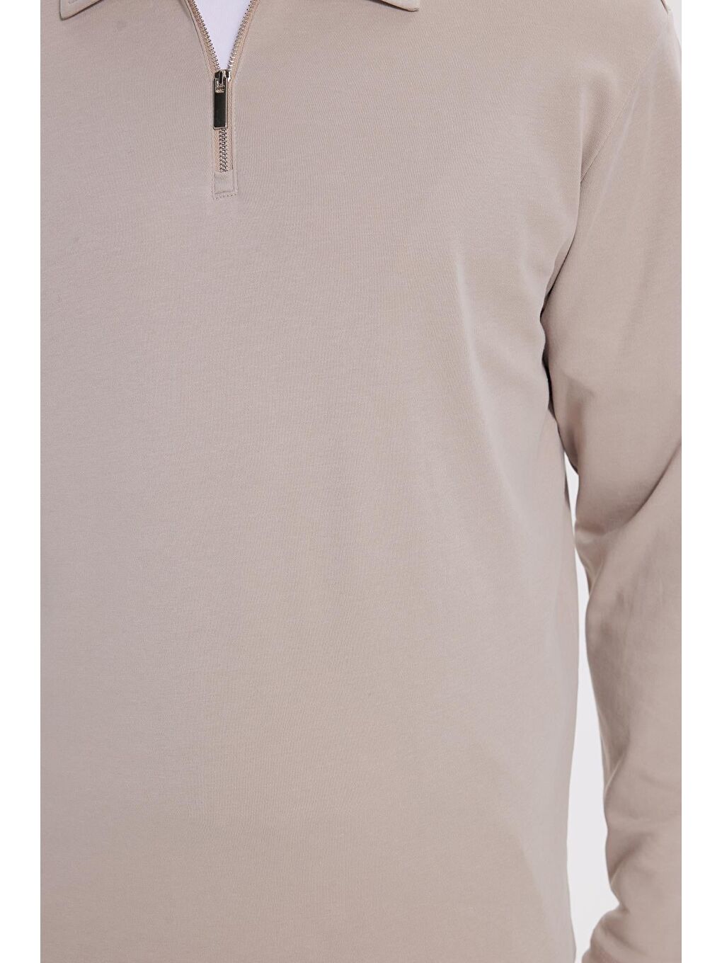 Bej Erkek Relax Fit Rahat Kesim %100 Pamuk Yarım Fermuarlı Polo Yaka İnterlok Taş Sweatshirt-2