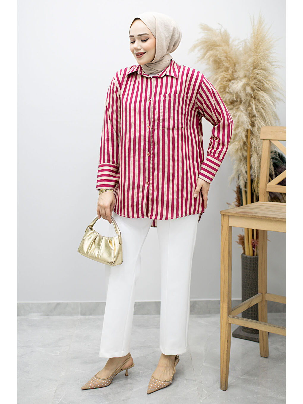 Çizgili Cepli Gömlek TSD260174 Fuşya-2