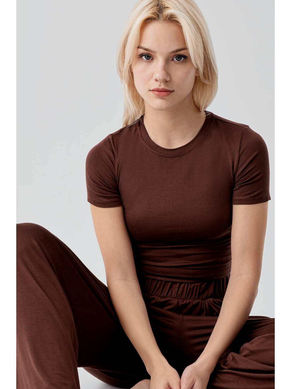 Kahverengi Kısa Kollu Crop Bol Paça Esnek Elastanlı Viskoz Soft Pijama Takım 17216-5