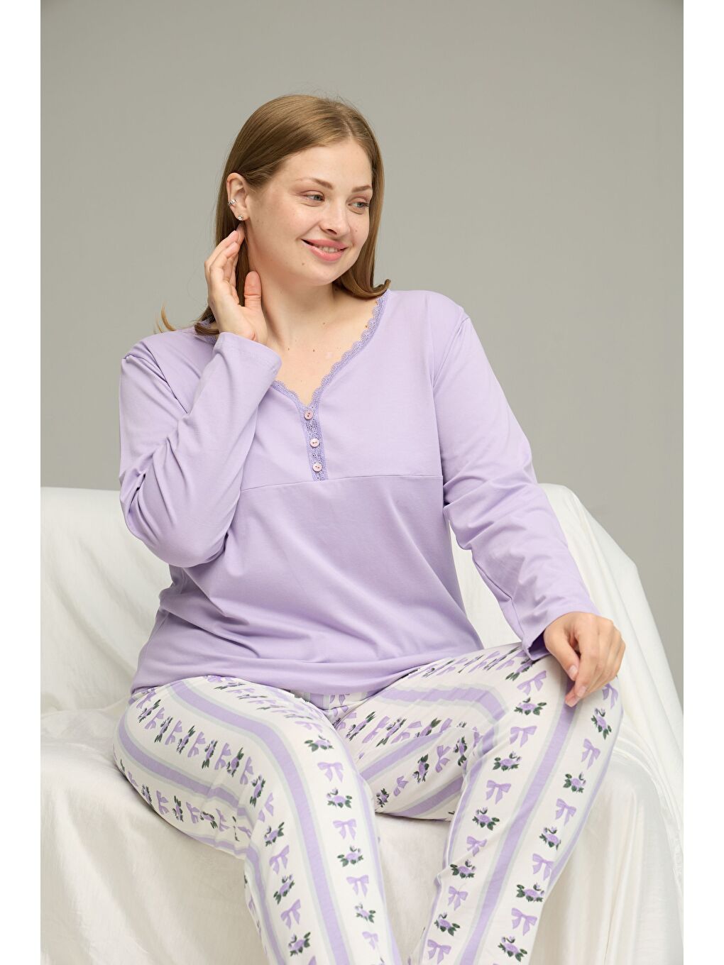 Lila Desenli Curve Büyük Beden Battal Boy Pamuklu Pijama Takım25240836