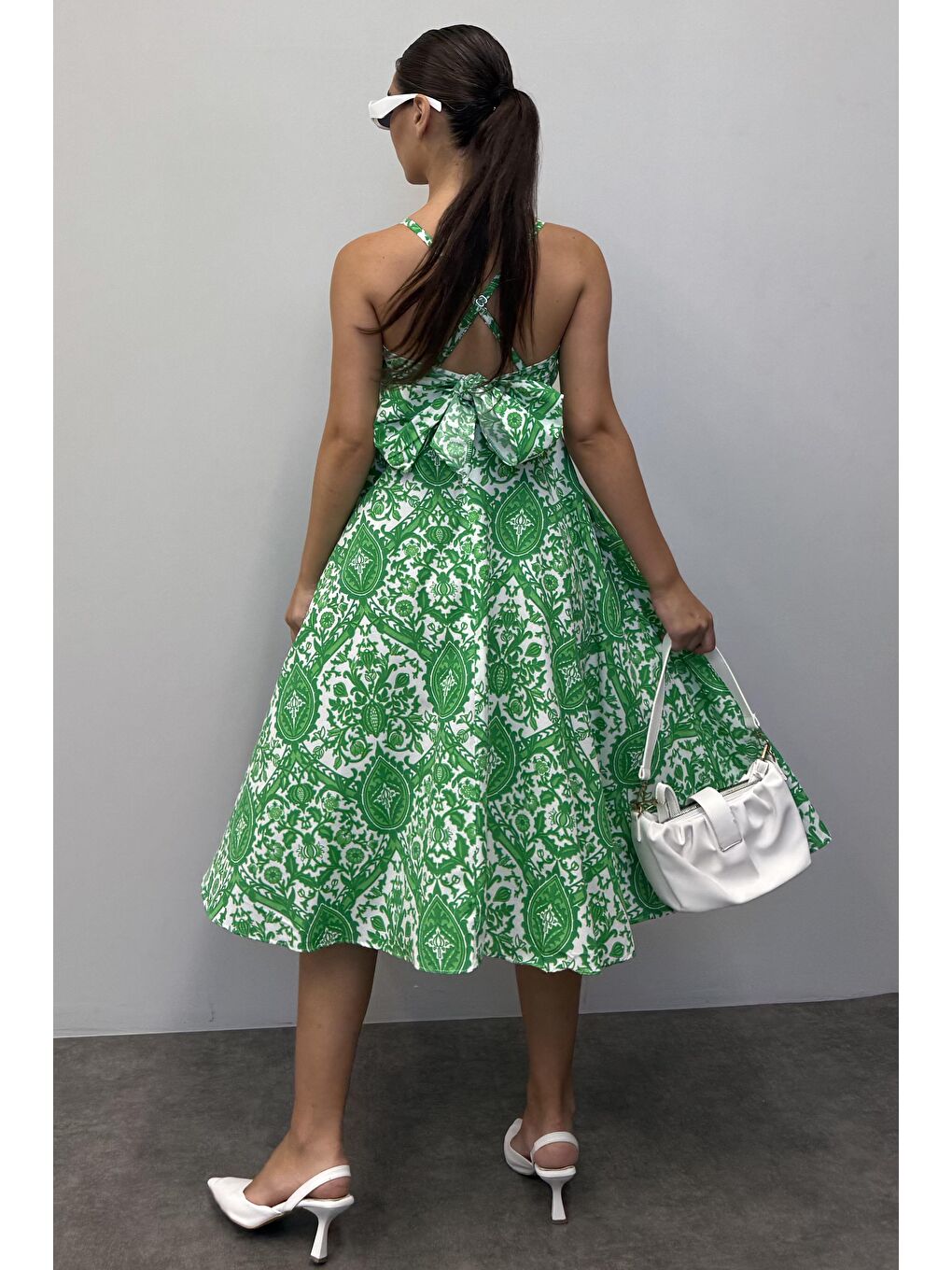 Yeşil Desenli Dekolteli Midi Boy Elbise Mg1537-6