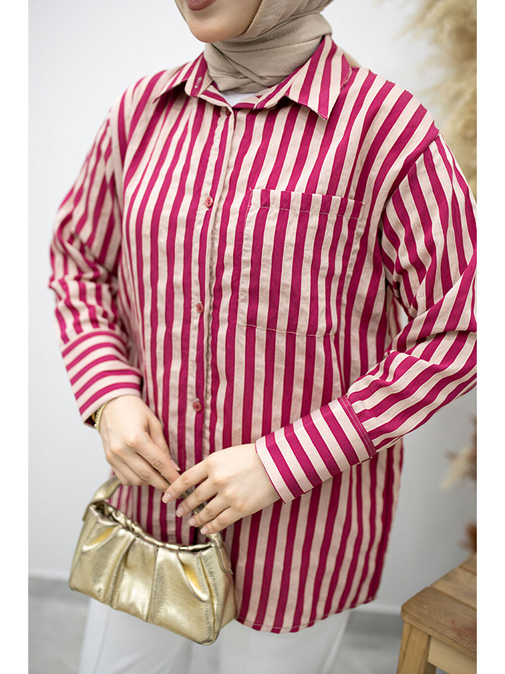 Çizgili Cepli Gömlek TSD260174 Fuşya-3